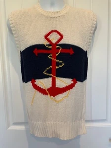 Vintage DEANS Mens Size 38 Ivory Sleeveless Pullover Anchor Theme Front Sweater - Picture 1 of 4