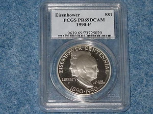 1990-P Eisenhower Commemorative Silver Dollar PCGS PR69DCAM B0140 - Picture 1 of 2