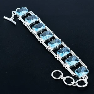 Swiss Blue Topaz Cushion Gemstone 925 Sterling Silver Jewelry Bracelet 7" VJ 236 - Picture 1 of 6