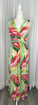 Maxi Vestido Jessica Howard Talla 8 Rosa Verde Estampado Tropical Cuello en V Elastizado Foto 1 de 4