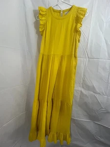 Universal Thread Womens M Solid Yellow Ruffle Sleeve Maxi Dress 100% Cotton Boho - Picture 1 of 5