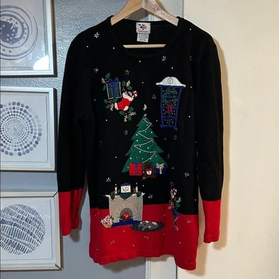 Vintage Nutcracker Womens Ugly Christmas Sweater Size M Tree Fireplace Dog Gifts - Image 1 of 4