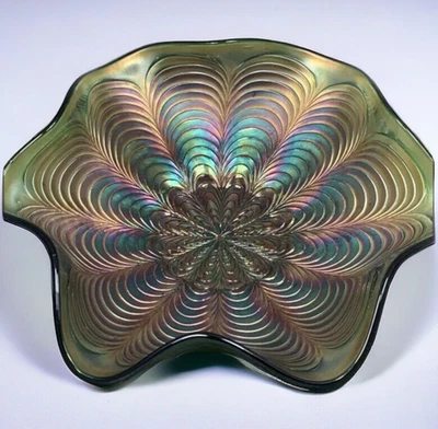 Fenton Carnival Glass Iridescent Green Peacock Tail Ruffled Bowl Vintage - Image 1 of 4