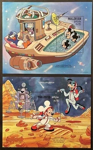 MALDIVES DISNEY SPACE EXPLORATION STAMPS 2 S/S 1988 MNH 1ST MAN ON MOON STATION - Picture 1 of 3