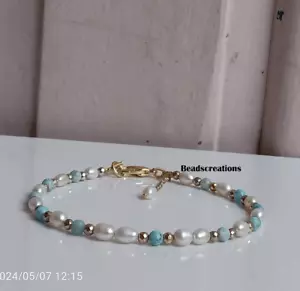 3 mm Weiße Perle und Larimar Perlen Perlenschmuck Larimar Armband Geschenk Her - Bild 1 von 5