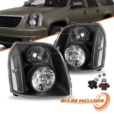 For 2007-2014 GMC Yukon XL 1500 2500 Denali Black Clear Headlights L+R w/ Bulbs - Image 1 of 4