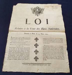 Placard révolutionnaire - Loi relative à la vente des Biens Nationaux  1791 - Picture 1 of 1