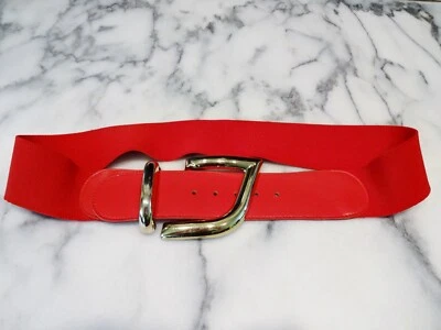 Vtg RED STRETCH STATEMENT BELT 32" 34" Medium Elastic Gold Tone Buckle 2" Wide - Image 1 of 4