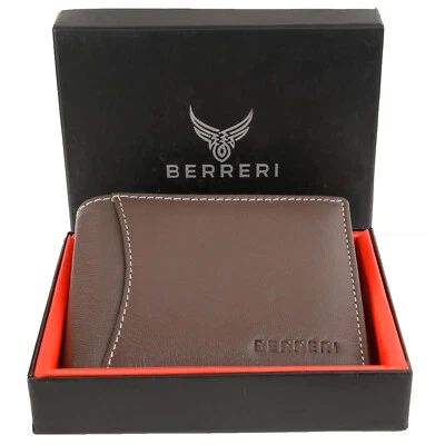 Mens Brown Genuine Leather Wallet RFID Safe Two Slip Pockets + Gift Box UK Stock