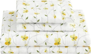 Yellow Floral Sheets for Queen Size Bed Printed Bed Sheets - 4 Piece Soft  - Picture 1 of 12