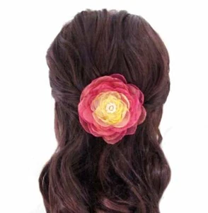 Iridescent Pink & Yellow Organza Fabric Flower Hair Clip, 3 1/4 inch Width - Picture 1 of 5