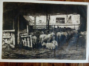 "Bergerie /Moutons ( Barbizon)" Grande Eau Forte ancienne, signée ? - Bild 1 von 5