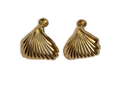 Серьги Pierre Cardin золотистые с вентилятором из морских ракушек регулируемый зажим сзади с надписью - Изображение 1 из 4