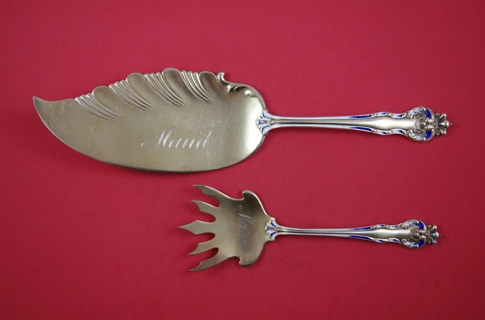 Queen Vermeil by Mount Vernon Howard Sterling Silver Fish Serving Set Enameled - Изображение 1 из 2