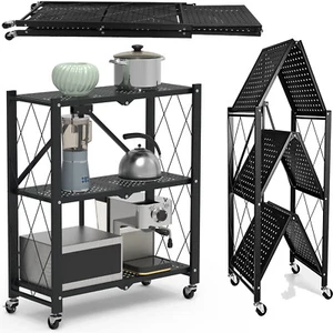 3 Tier Heavy Duty Foldable Metal Rack Storage Shelving Unit With Wheel Kitchen - Picture 1 of 17