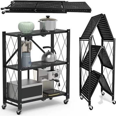 Estantería de almacenamiento plegable de metal de alta resistencia de 3 niveles con rueda de cocina Foto 1 de 4