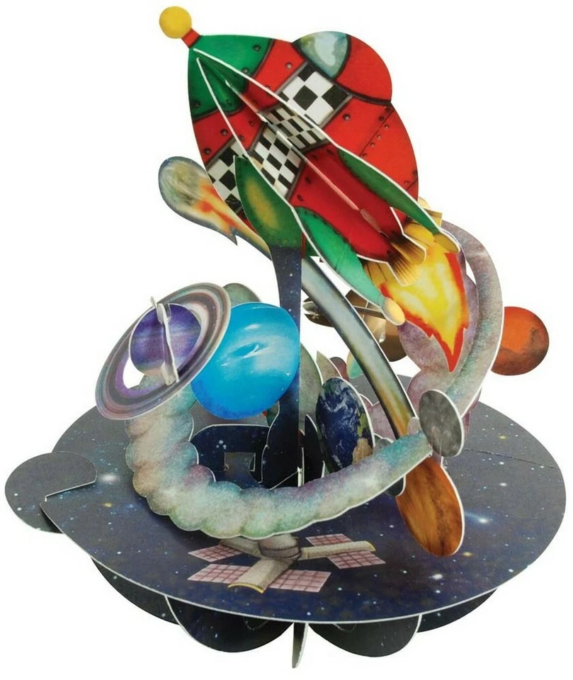 Tarjeta de felicitación de recuerdo emergente 3D piruetas Santoro de la nave espacial roja y planetas Foto 1 de 3