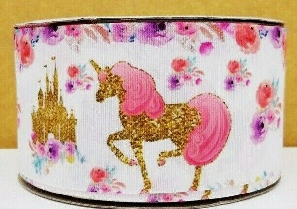 2 INCH Grosgrain Ribbon HAIR BOW SUPPLY WHOLESALE Unicorn Gold Pink Flowers - Image 1 of 1