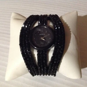 Geneva Quartz Bling Black Cuff Bracelet Womens Heavy Watch Needs Battery - Picture 1 of 3