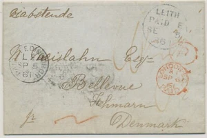 GB 1861 stampless entire w red manuscripts "10 ½" and "6 ½" to FEHMARN, DENMARK - Picture 1 of 2