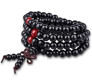 Pulsera/collar con cuentas budistas de madera Mala 6 mm cuentas negras con cable elástico - Imagen 1 de 1
