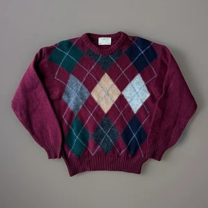 Vintage Moors Argyle Sweater M Maroon Lord Jeff Wool Pullover Made in Ireland - Picture 1 of 8