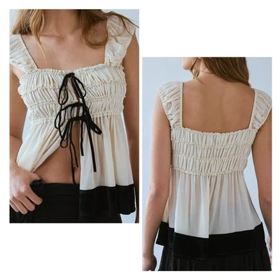 Blusa Babydoll Kimchi Azul Melissa Corbata Frontal XL Marfil Negro Terciopelo Borde Nueva con Etiquetas Foto 1 de 4