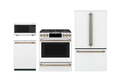 GE Cafe Matte White Package Induction Range with Brushed Bronze Handles - Image 1 of 4
