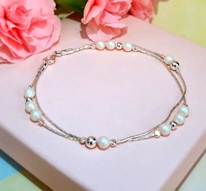 925 Sterlingsilber Doppelkette Armband Satin Perle Hochzeit Brautjungfer Geschenk - Bild 1 von 7