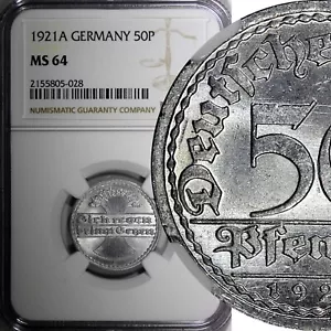 Germany, Weimar Republic 1921 A 50 Pfennig NGC MS64 Berlin Mint KM# 27 (8) - Picture 1 of 5