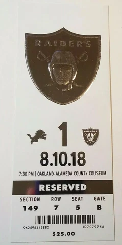 2018 Oakland Raiders Detroit Lions NFL Football Full Ticket Stub Cover