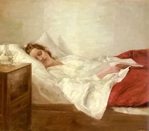 Nice Oil painting carl vilhelm holsoe - asleep young woman holding book on bed - Picture 1 of 1