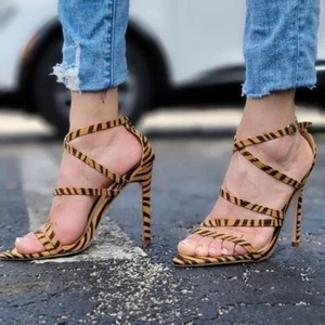 Women's Zebra Open Toe Ankle Strap High Heel Dress Sandals - Picture 1 of 5