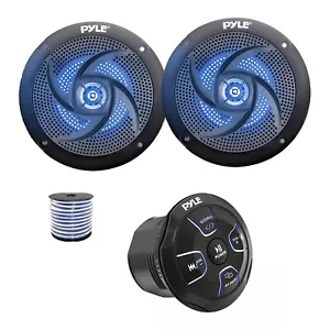 Pyle 4-CH Marine Bluetooth Controller, 2x 6.5" Blue Flash LED Black Speaker,Wire - Picture 1 of 7