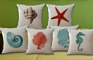 Sea Life Ocean Nautical Pillow Cover Case Sham 18" Seahorse Starfish Shell Coral - Picture 1 of 20