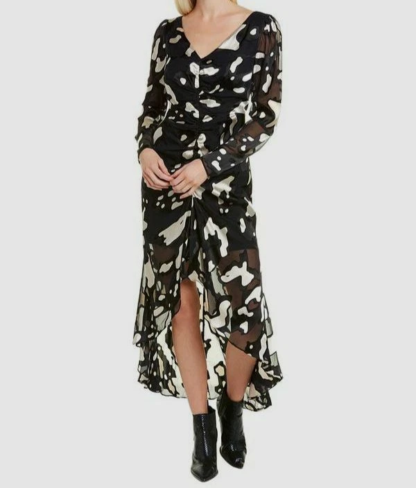 Sau Lee Women's Black Printed V-Neck Long Sleeve High Low Nina Dress Size 6