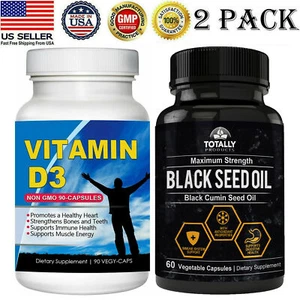 Vitamin D3 Strength Bones Healthy Heart & Black Seed Oil Immune Support Capsules - Picture 1 of 12