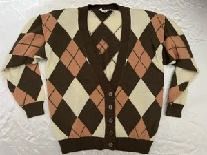 Weathervane Petites Size PM Argyle Cardigan Sweater Brown And Pink Sweater - Picture 1 of 7