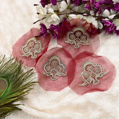 Vintage Maroon American Georgette Appliques – Set of 4 Hand-Embroidered Dabka - Image 1 of 4