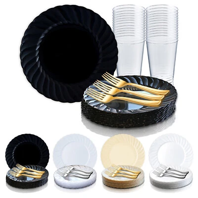 Vajilla de plástico desechable paquete de boda buffet fiesta platos redondos estilo Foto 1 de 2