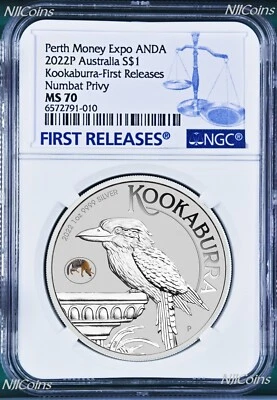 2022 Kookaburra 1oz Silver Coin Numbat Privy Perth Money Expo NGC MS70 ANDA FR - Image 1 of 2