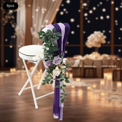 6 PIEZAS Silla Decoraciones Flor Artificial con Tela Boda Púrpura Rosa Flor Foto 1 de 4
