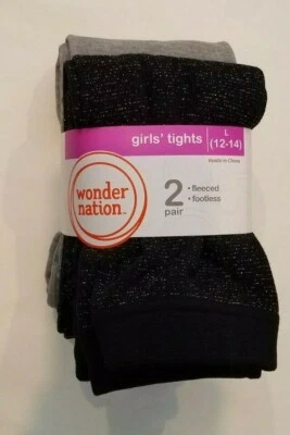 Girls Wonder Nation 2 pair Fleece Footless Tights Black Sparkle/Gray L 12-14 - Image 1 of 4