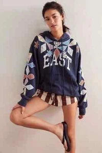 Free People Saint Sweatshirt Hoodie Tunic Top Graphic Oversized Patched Sz XS - Picture 1 of 11