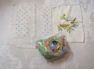 Vintage 80's Crewel Embroidery Sampler Yarns Lot Birds Ragdoll with Bonnet 2pc - Image 1 of 4