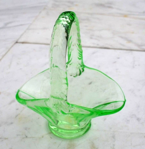 Vintage Uranium Vaseline Depression Glass Basket Textured Handle Small Cover