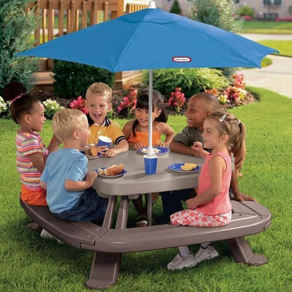 Little Tikes Fold 'n Store Picnic Table with Market Umbrella, Brown (632433M) - Image 1 of 4
