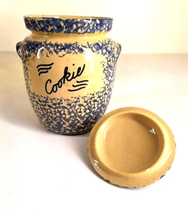 Vintage Cookie Jar Ceramic Lidded 4 Quart Blue Spongeware 10" Tall - Imagen 1 de 10