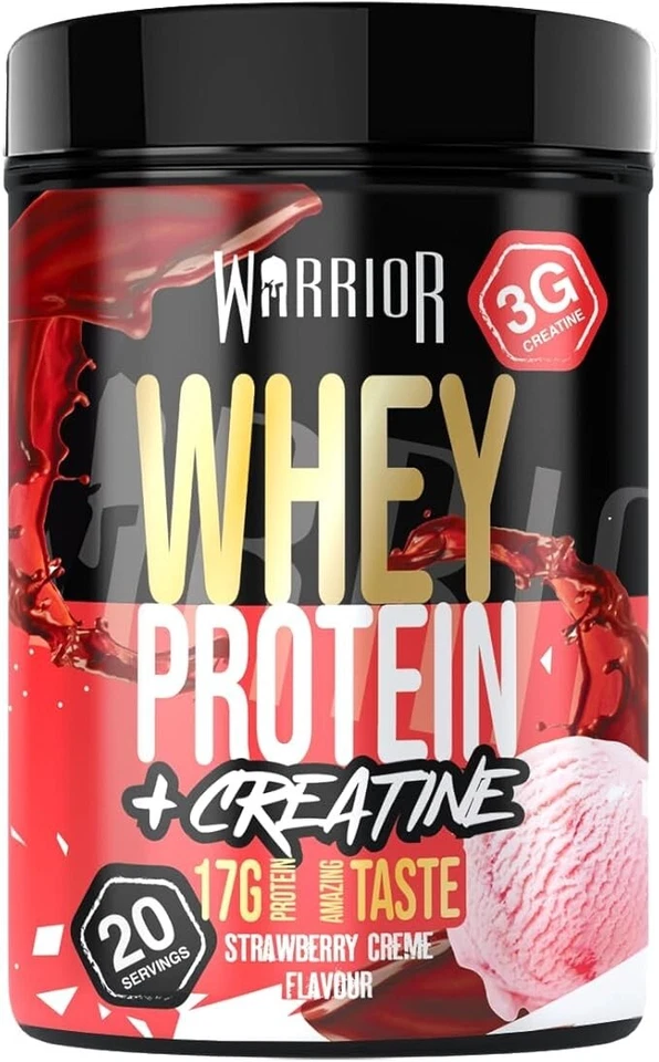 BODYBUILDING WAREHOUSE Warrior Whey Protein+Creatine 500g 20 Servings Muscle Growth Strawberry Flavour