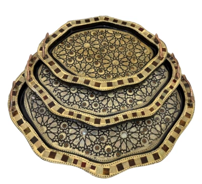 Set of 3 , Wooden Serving Tray, Serving Tray, Mother of Pearl Inlay, Home decor - Image 1 of 4